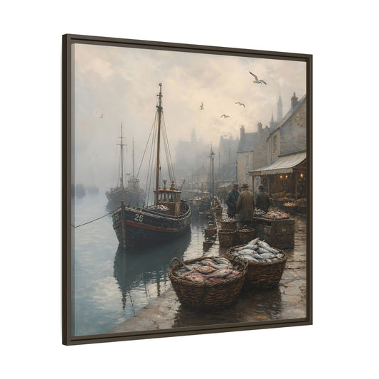 Main Mockup. Vintage Fishing Port Misty Coastal Scene shown as stretched canvas wall art