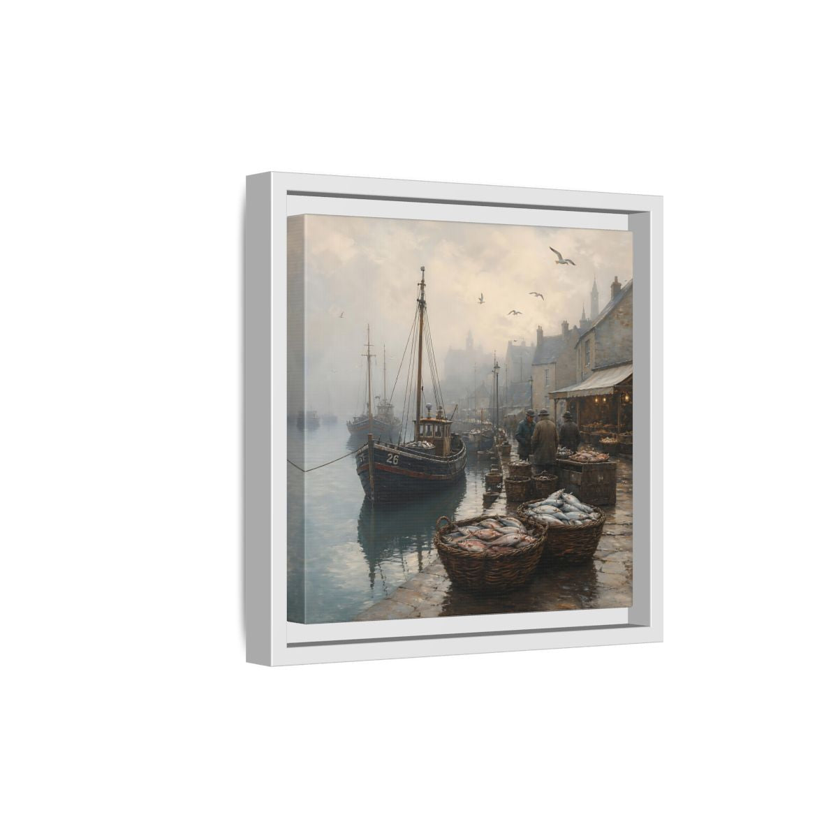 Side Mockup 19. Vintage Fishing Port Misty Coastal Scene shown as stretched canvas wall art