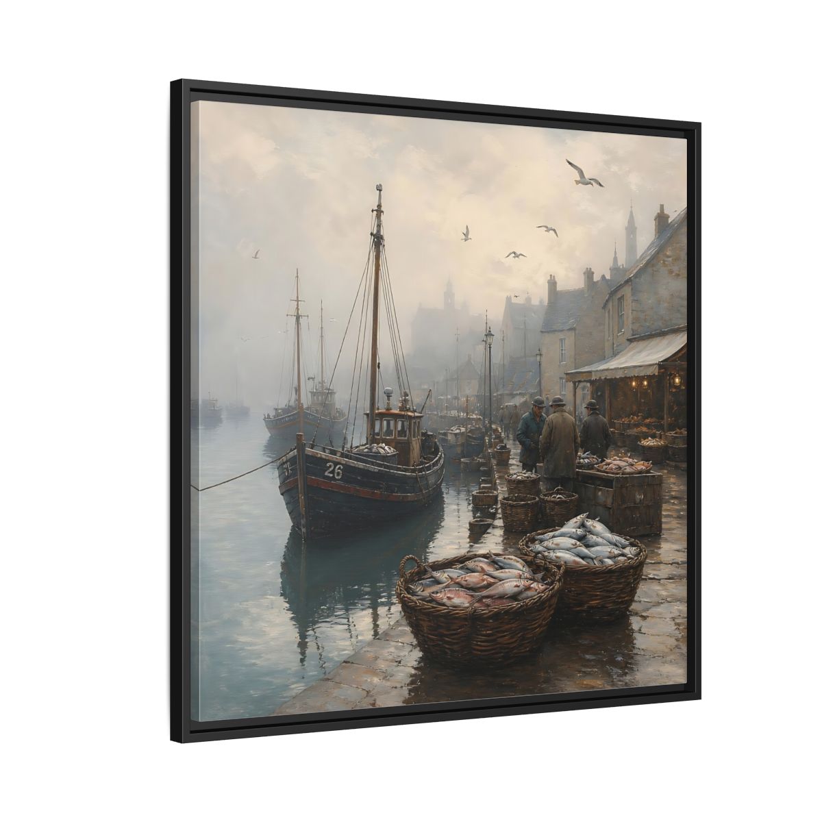 Side Mockup 9. Vintage Fishing Port Misty Coastal Scene shown as stretched canvas wall art