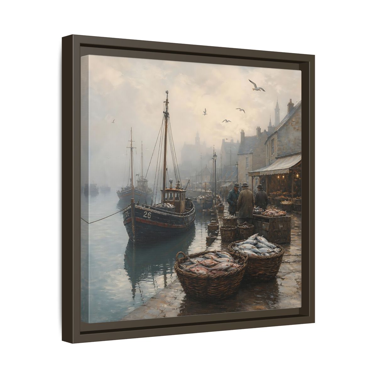 Side Mockup 29. Vintage Fishing Port Misty Coastal Scene shown as stretched canvas wall art