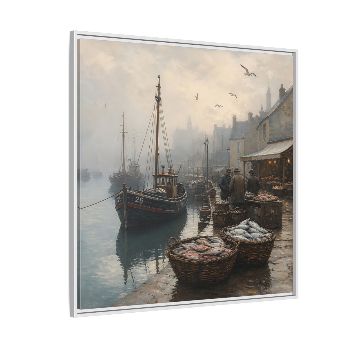 Side Mockup 4. Vintage Fishing Port Misty Coastal Scene shown as stretched canvas wall art