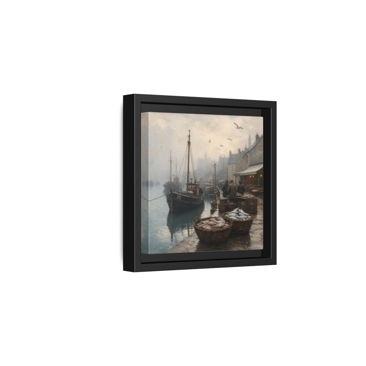 Side Mockup 3. Vintage Fishing Port Misty Coastal Scene shown as stretched canvas wall art