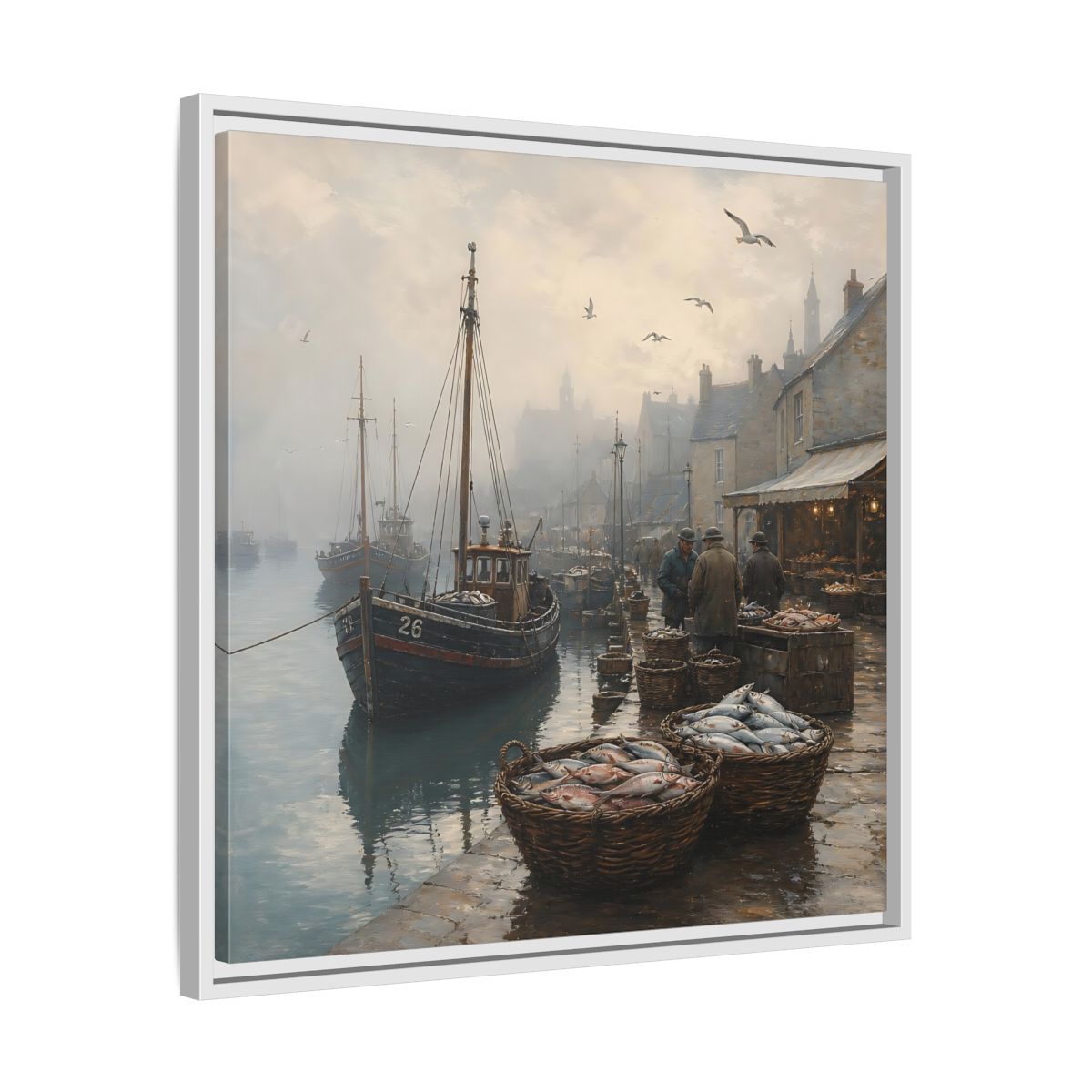 Side Mockup 26. Vintage Fishing Port Misty Coastal Scene shown as stretched canvas wall art