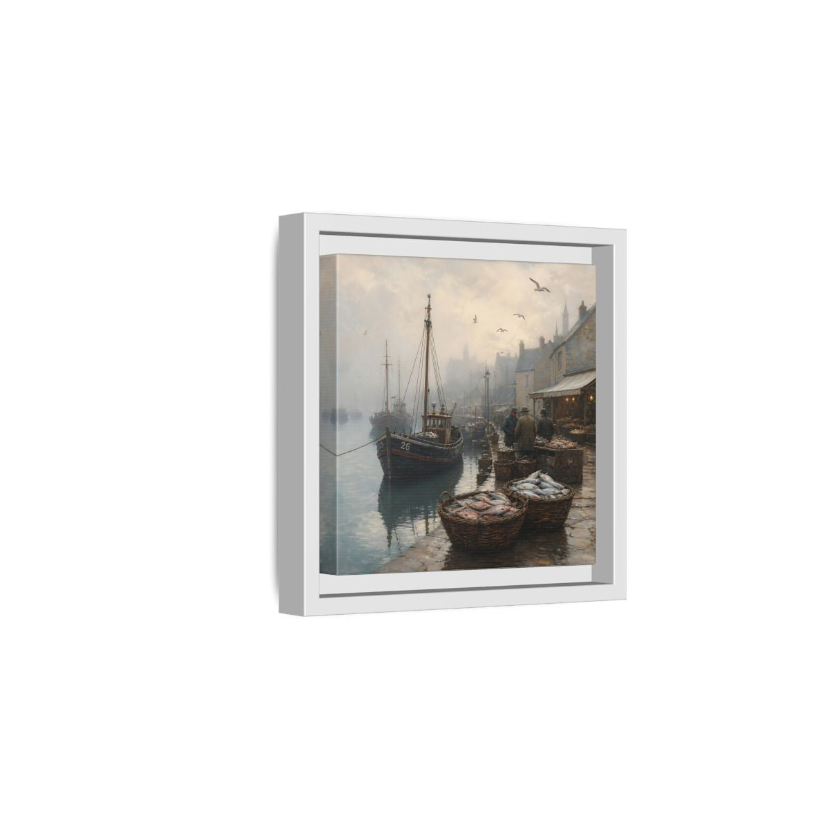 Side Mockup 1. Vintage Fishing Port Misty Coastal Scene shown as stretched canvas wall art