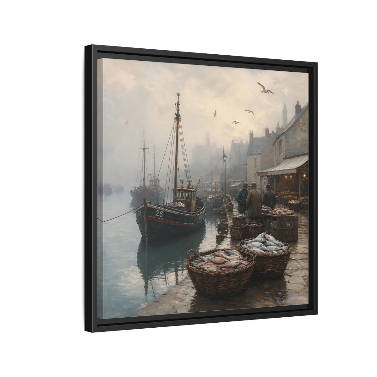 Side Mockup 12. Vintage Fishing Port Misty Coastal Scene shown as stretched canvas wall art