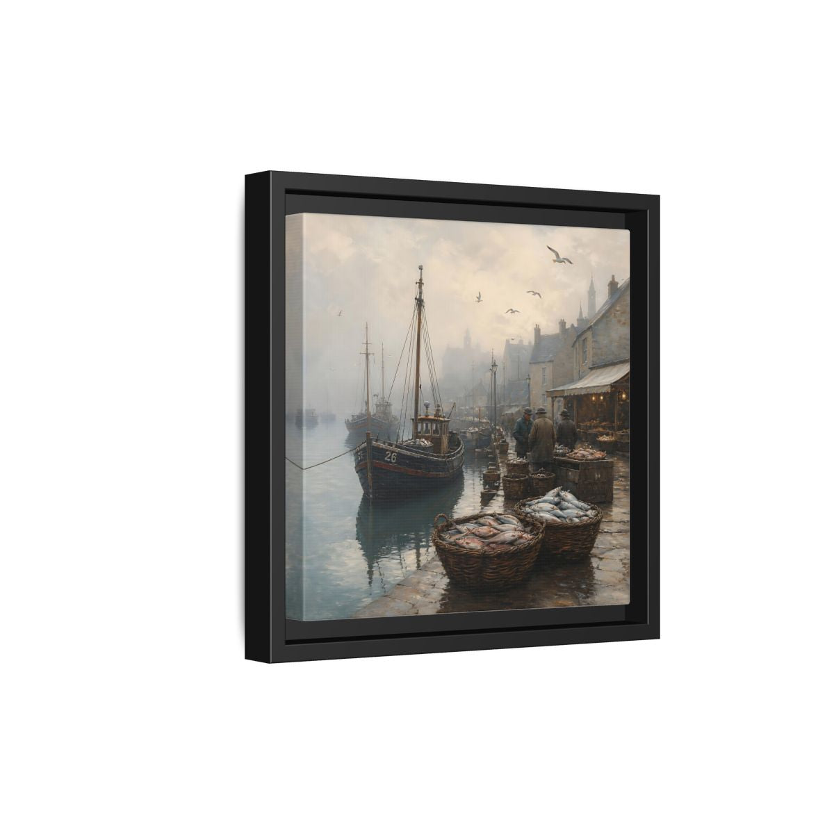 Side Mockup 21. Vintage Fishing Port Misty Coastal Scene shown as stretched canvas wall art
