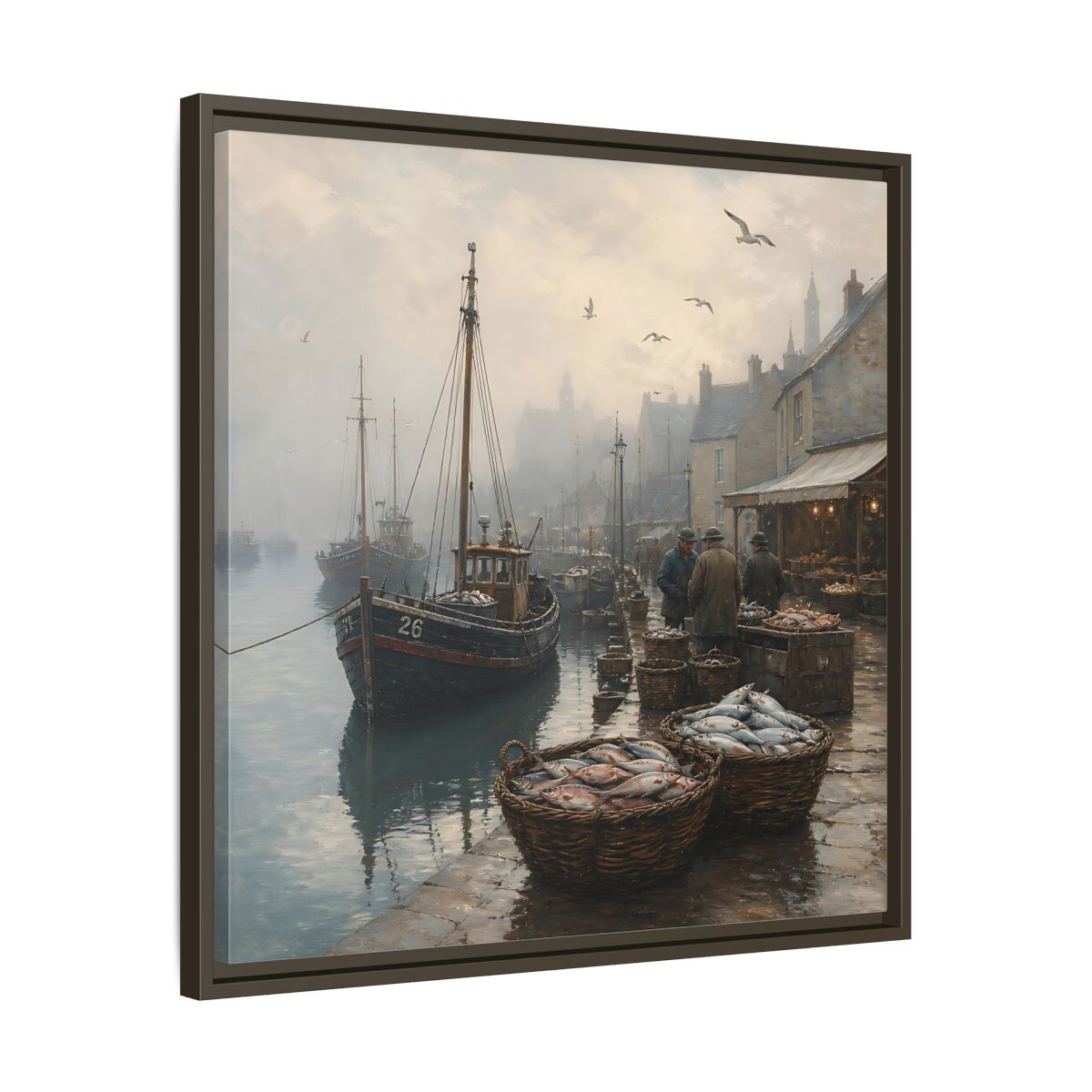 Side Mockup 27. Vintage Fishing Port Misty Coastal Scene shown as stretched canvas wall art