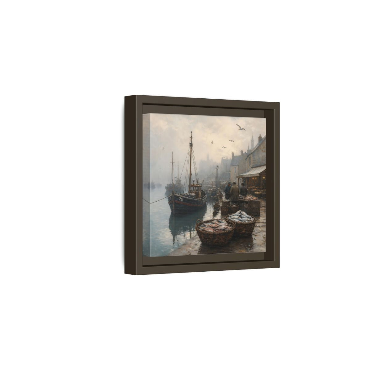 Side Mockup 2. Vintage Fishing Port Misty Coastal Scene shown as stretched canvas wall art