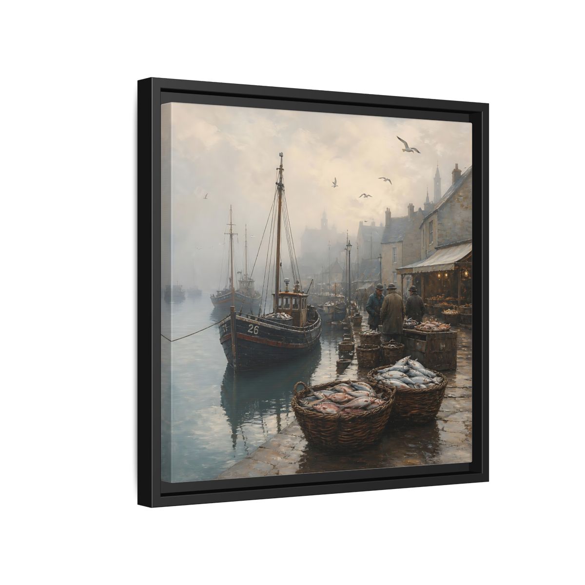 Side Mockup 15. Vintage Fishing Port Misty Coastal Scene shown as stretched canvas wall art