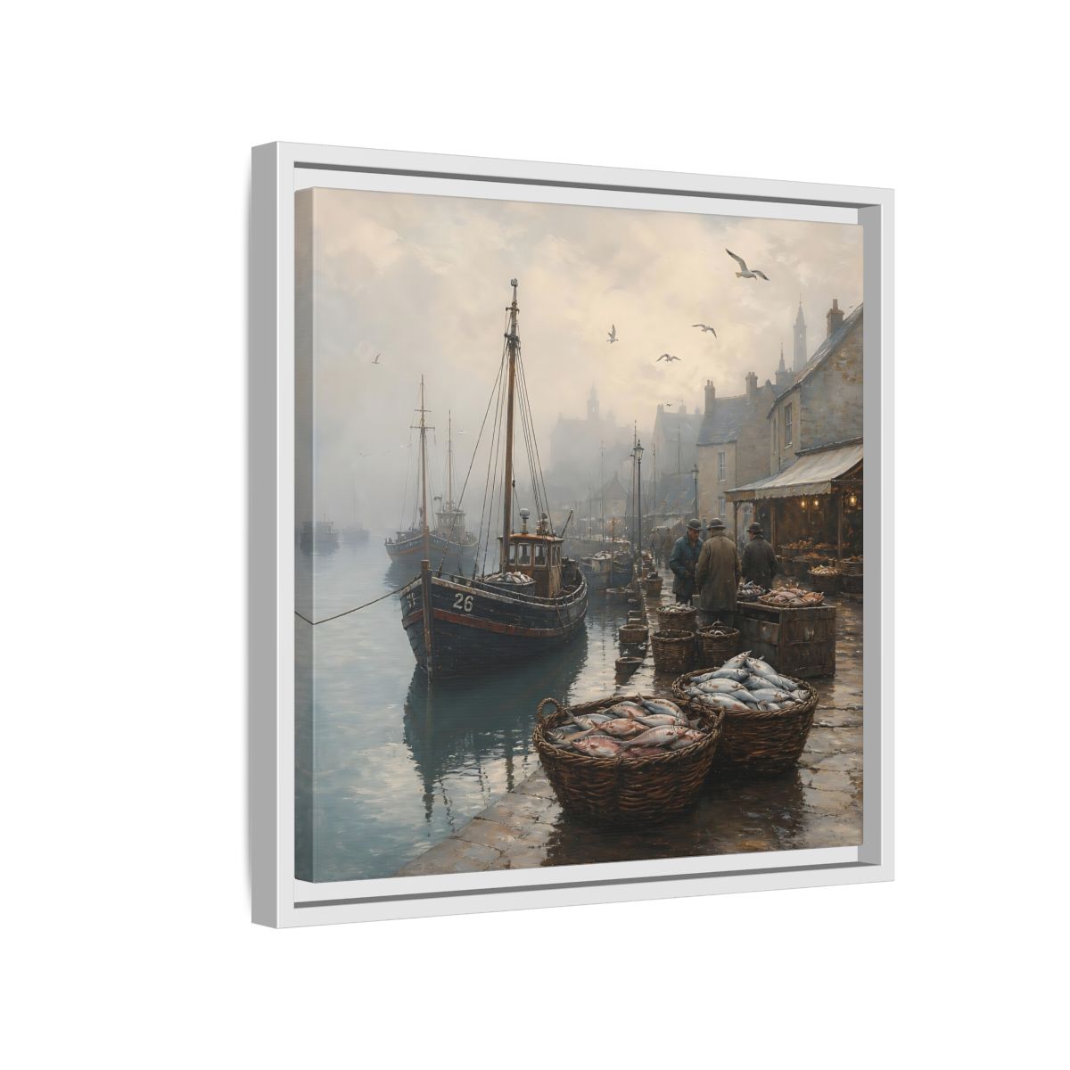 Side Mockup 13. Vintage Fishing Port Misty Coastal Scene shown as stretched canvas wall art