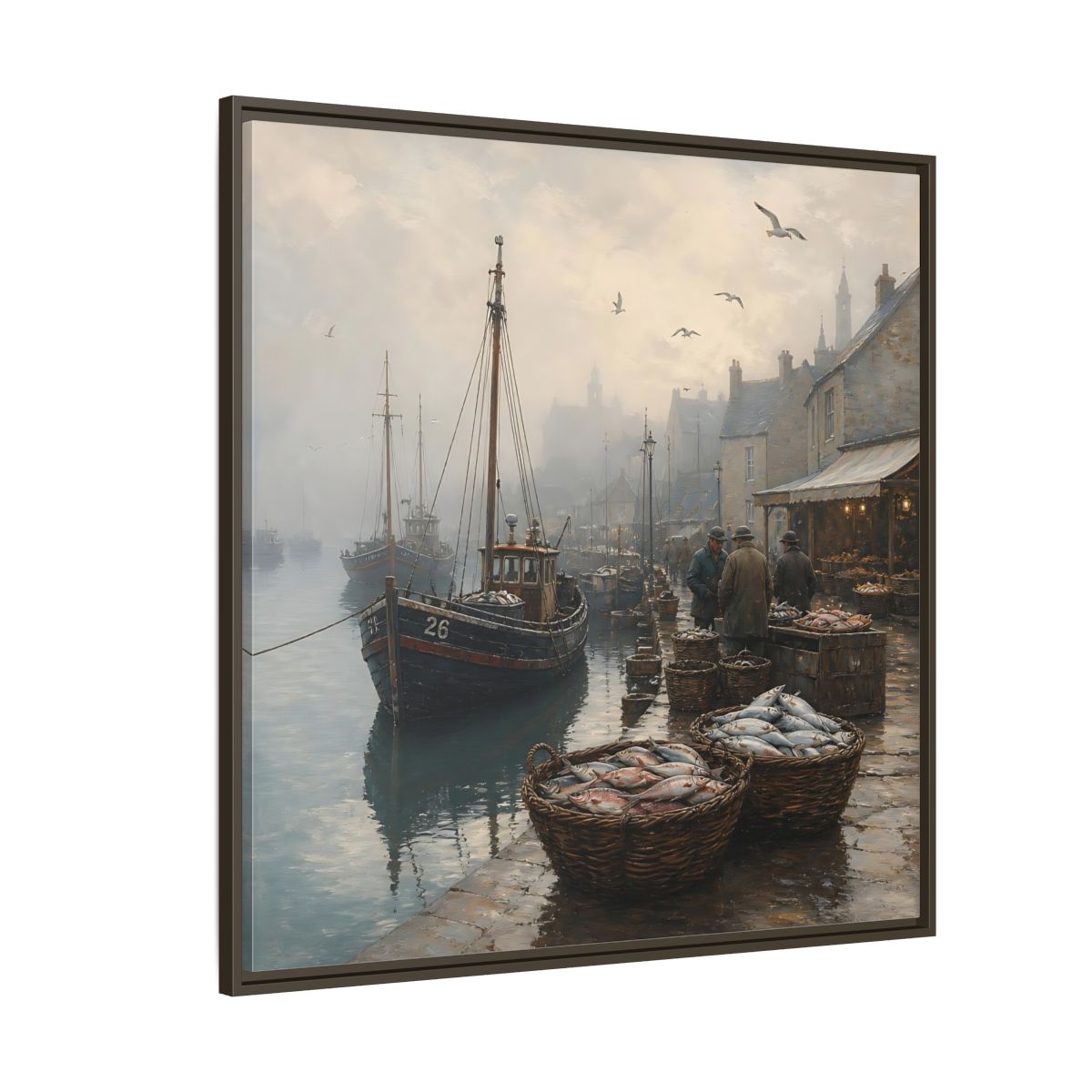 Side Mockup 5. Vintage Fishing Port Misty Coastal Scene shown as stretched canvas wall art