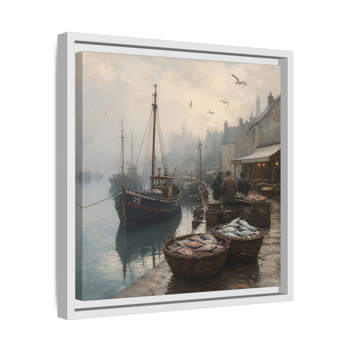 Side Mockup 28. Vintage Fishing Port Misty Coastal Scene shown as stretched canvas wall art