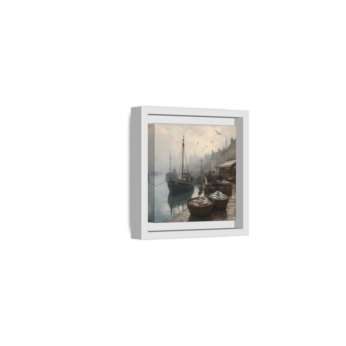 Side Mockup 22. Vintage Fishing Port Misty Coastal Scene shown as stretched canvas wall art