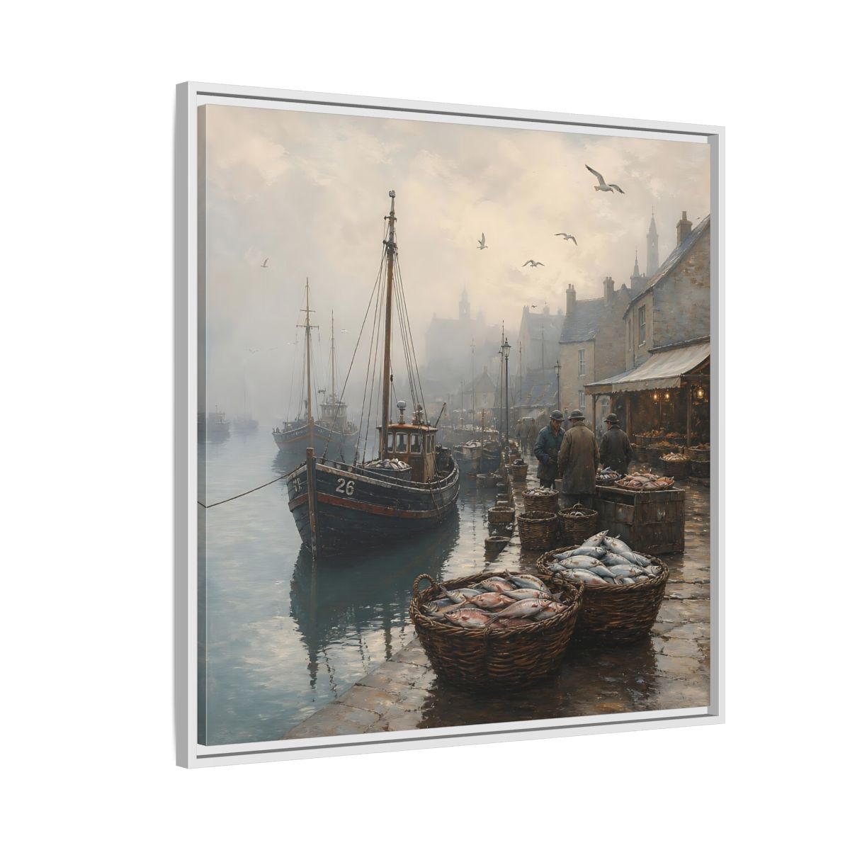 Side Mockup 7. Vintage Fishing Port Misty Coastal Scene shown as stretched canvas wall art