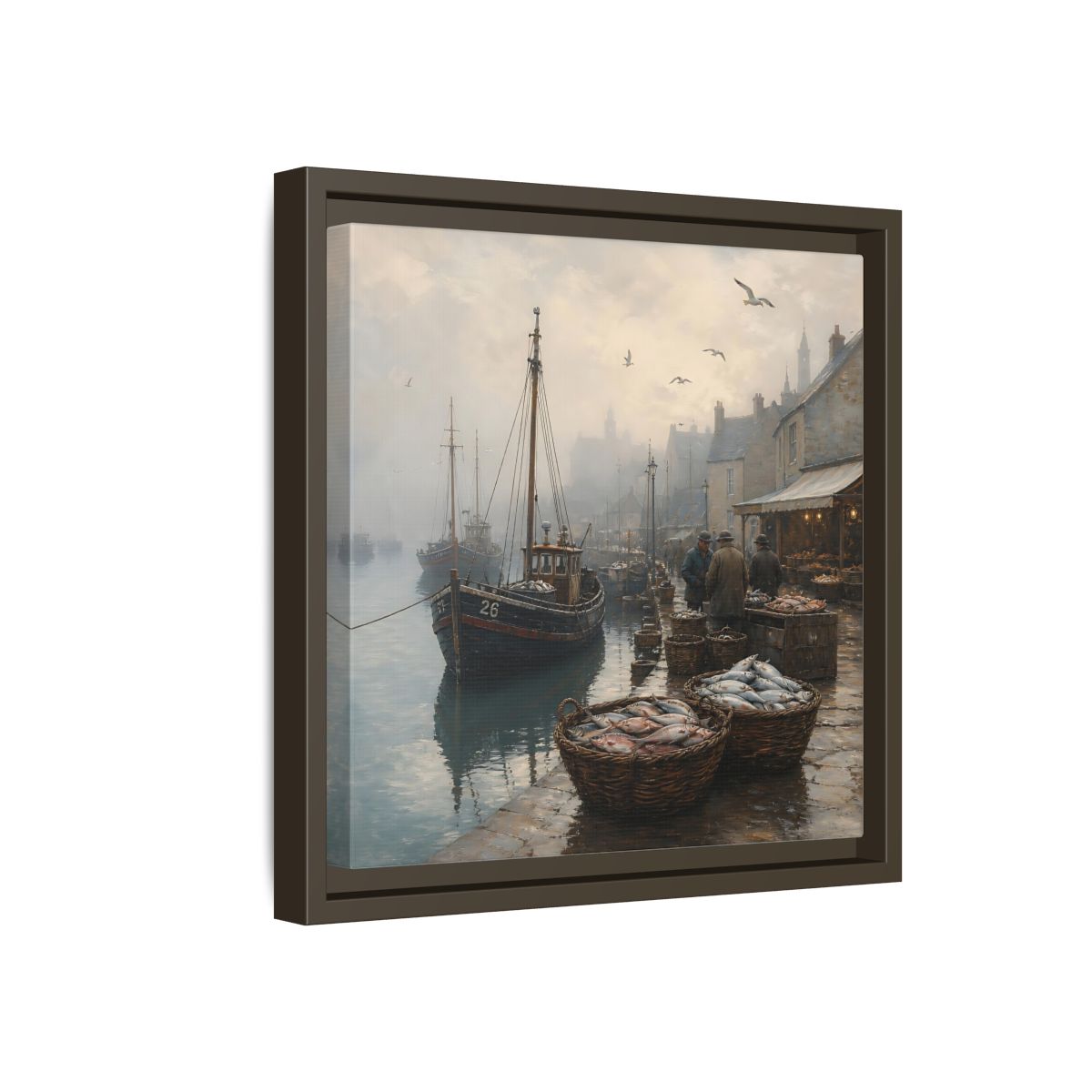 Side Mockup 17. Vintage Fishing Port Misty Coastal Scene shown as stretched canvas wall art