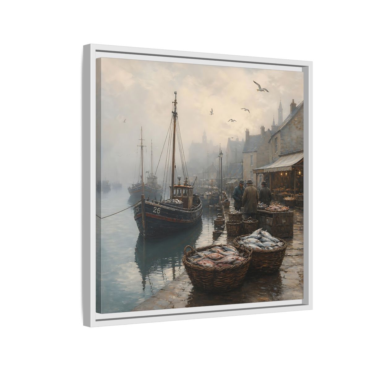 Side Mockup 10. Vintage Fishing Port Misty Coastal Scene shown as stretched canvas wall art