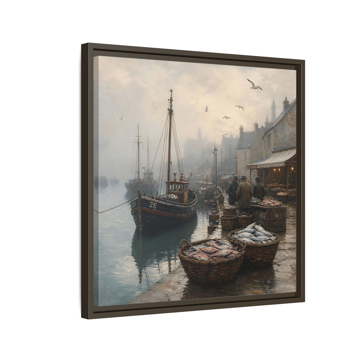 Side Mockup 11. Vintage Fishing Port Misty Coastal Scene shown as stretched canvas wall art