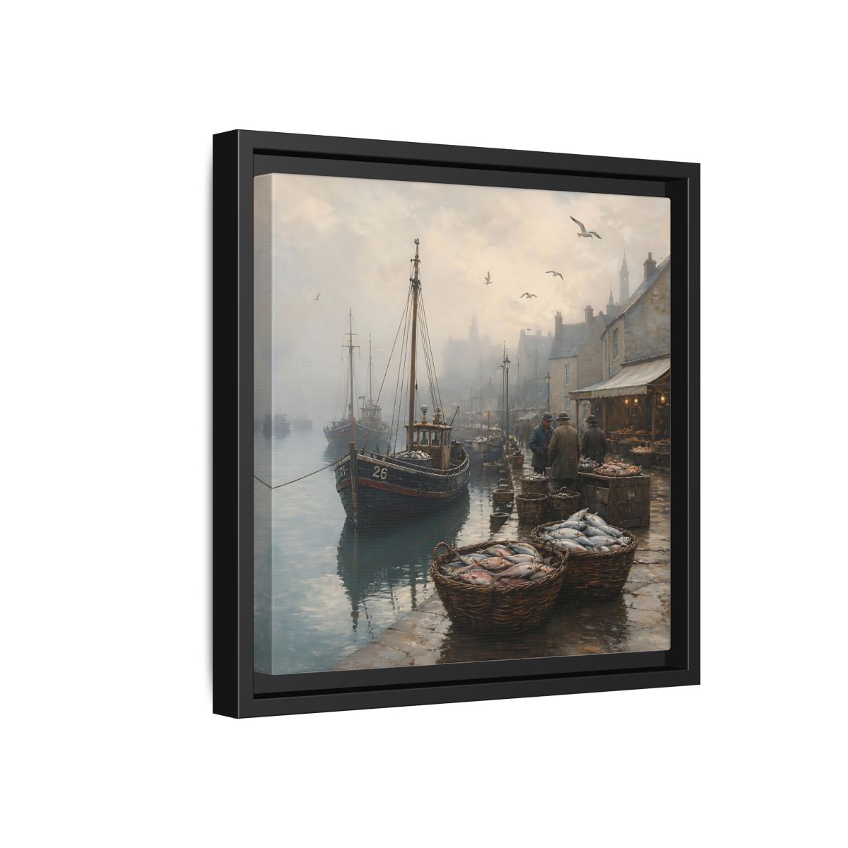 Side Mockup 18. Vintage Fishing Port Misty Coastal Scene shown as stretched canvas wall art