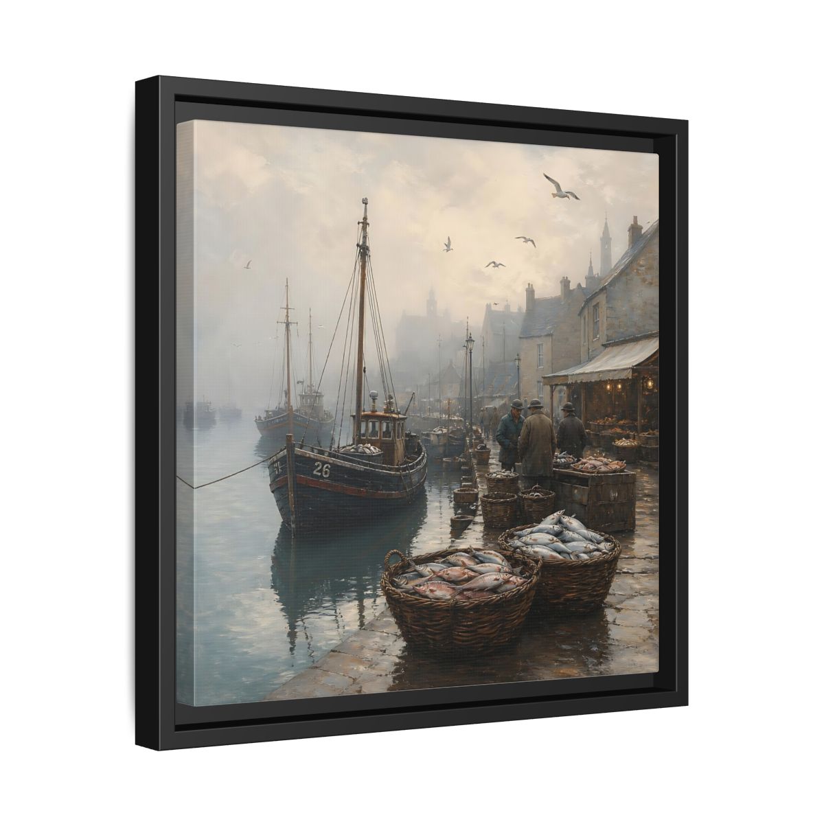 Side Mockup 32. Vintage Fishing Port Misty Coastal Scene shown as stretched canvas wall art
