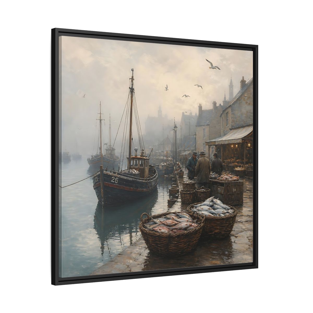 Side Mockup 30. Vintage Fishing Port Misty Coastal Scene shown as stretched canvas wall art