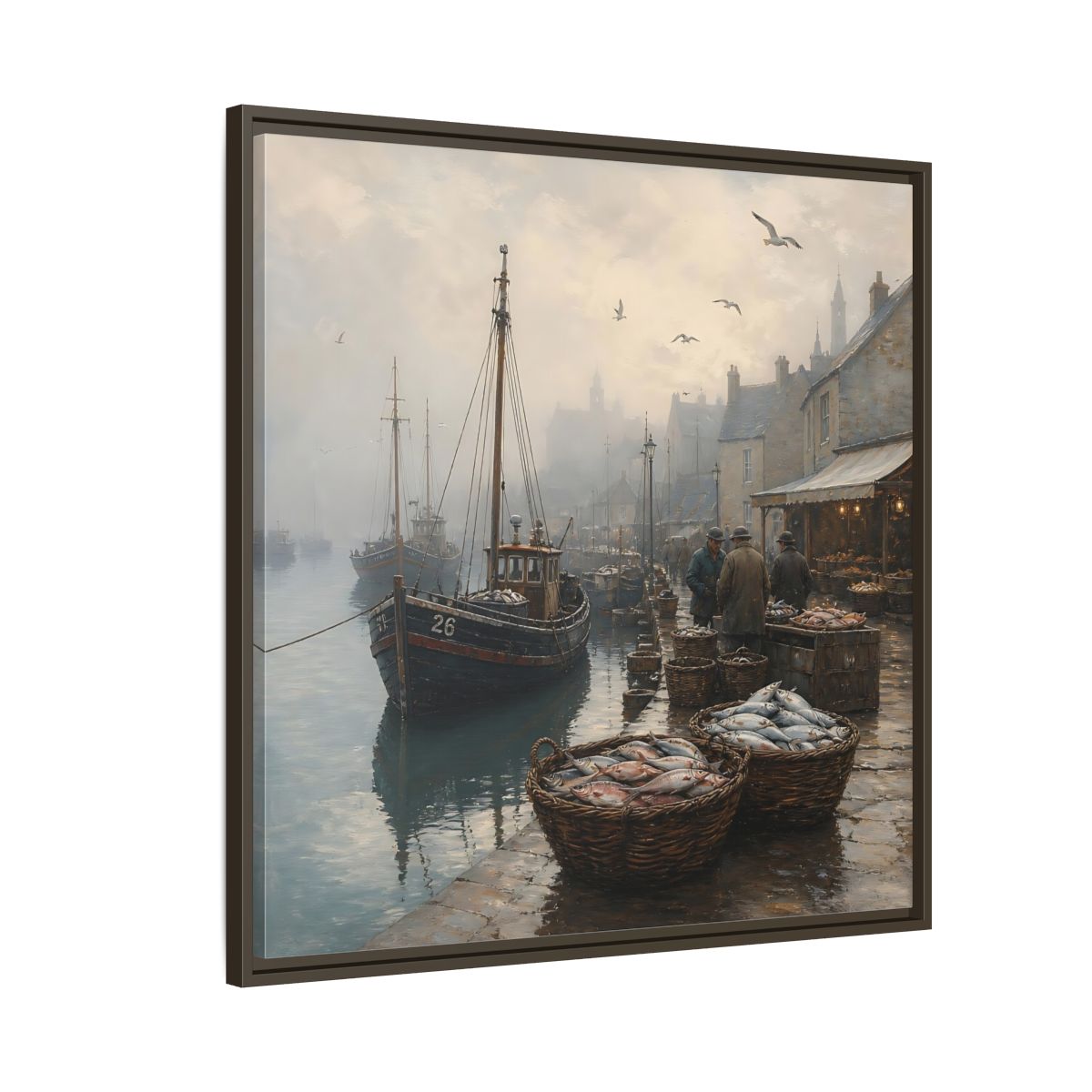 Side Mockup 8. Vintage Fishing Port Misty Coastal Scene shown as stretched canvas wall art