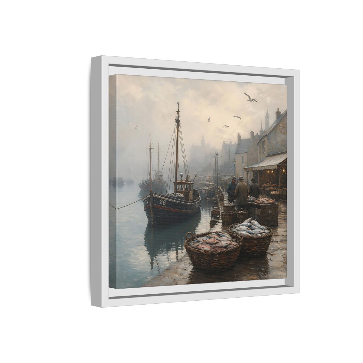 Side Mockup 16. Vintage Fishing Port Misty Coastal Scene shown as stretched canvas wall art