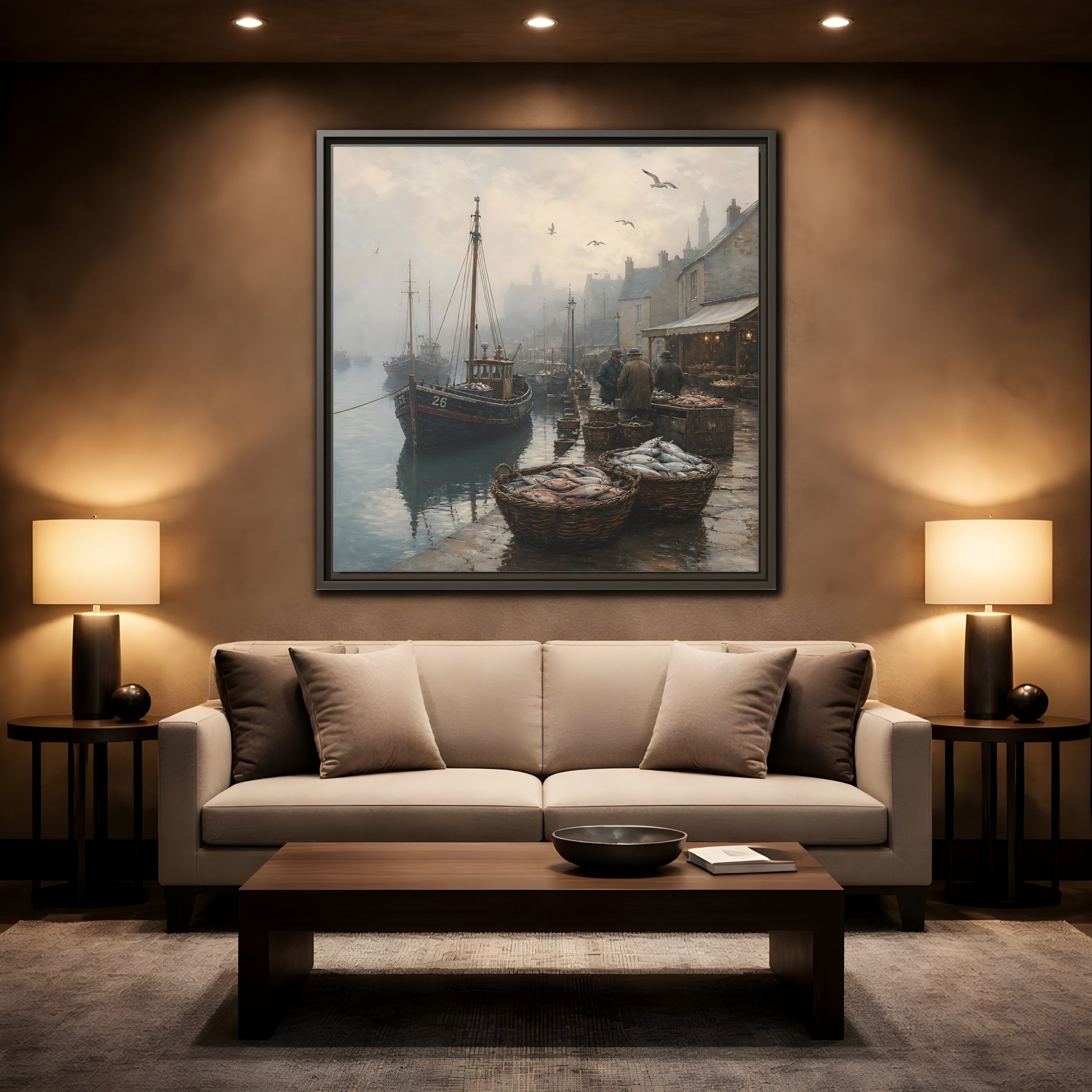 Mockup 2. Vintage Fishing Port Misty Coastal Scene shown as stretched canvas wall art