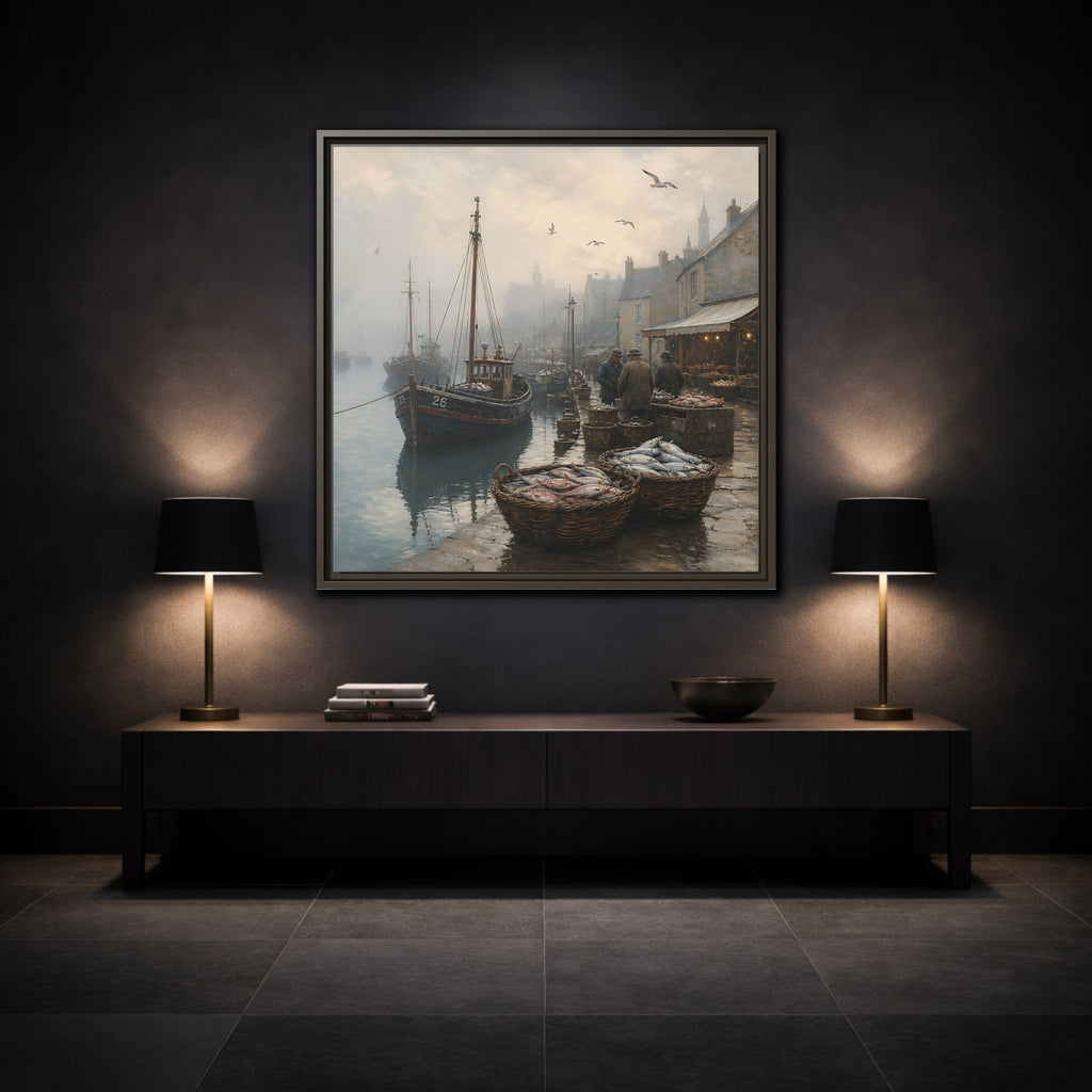 Mockup 3. Vintage Fishing Port Misty Coastal Scene shown as stretched canvas wall art