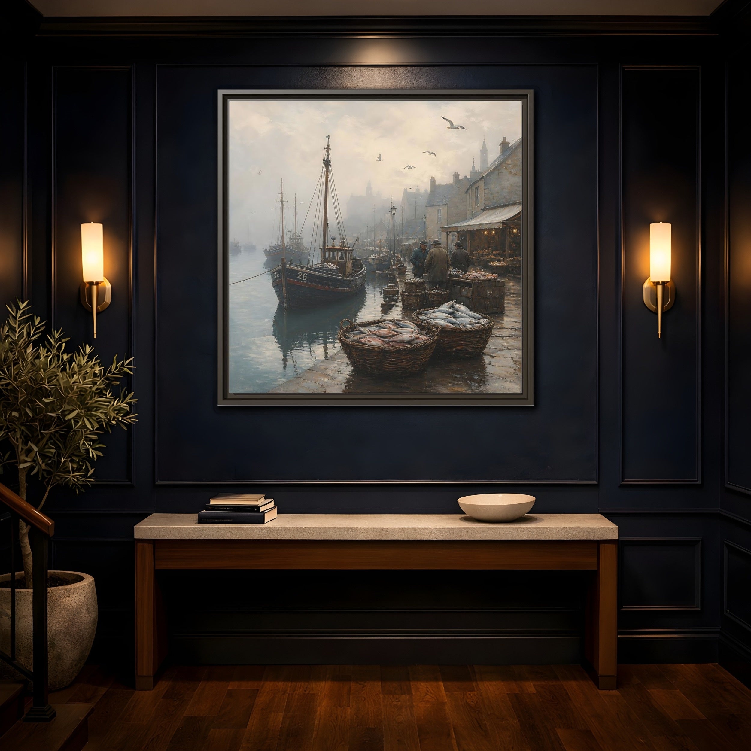 Mockup 4. Vintage Fishing Port Misty Coastal Scene shown as stretched canvas wall art