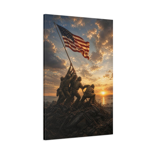 Main Mockup. Vintage Flag Raising Patriotic Sunset shown as stretched canvas wall art