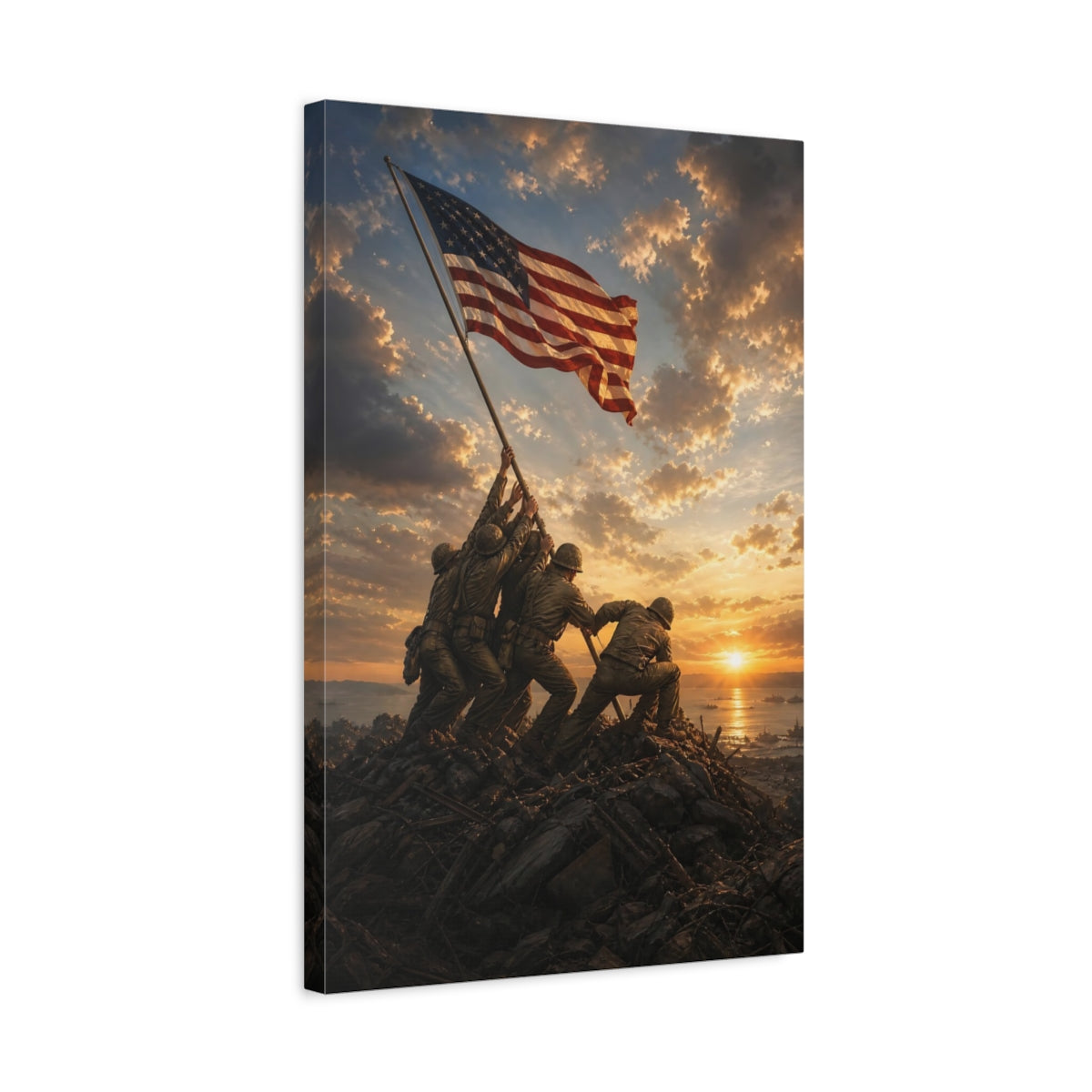 Side Mockup 3. Vintage Flag Raising Patriotic Sunset shown as stretched canvas wall art