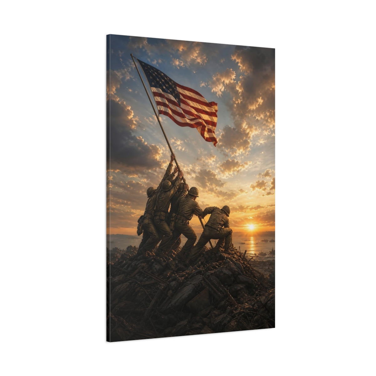 Side Mockup 1. Vintage Flag Raising Patriotic Sunset shown as stretched canvas wall art