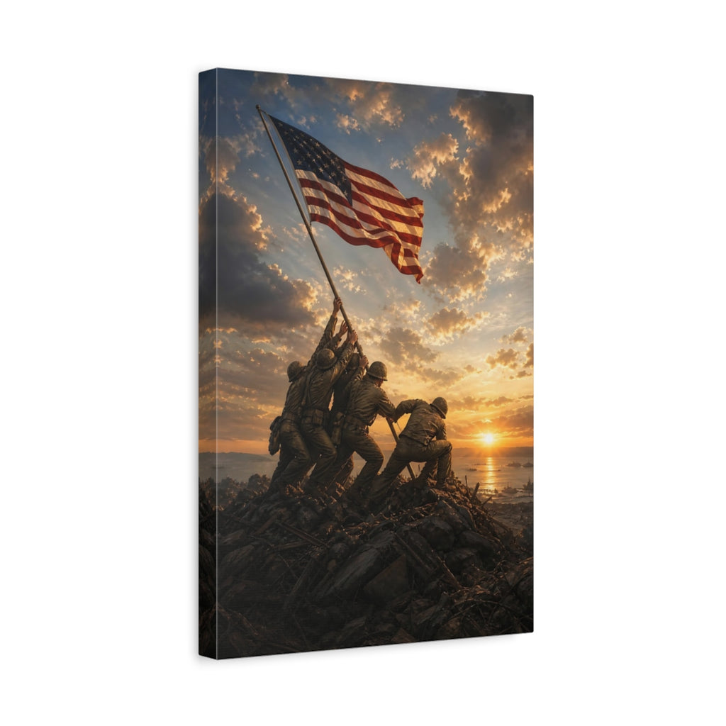 Side Mockup 4. Vintage Flag Raising Patriotic Sunset shown as stretched canvas wall art