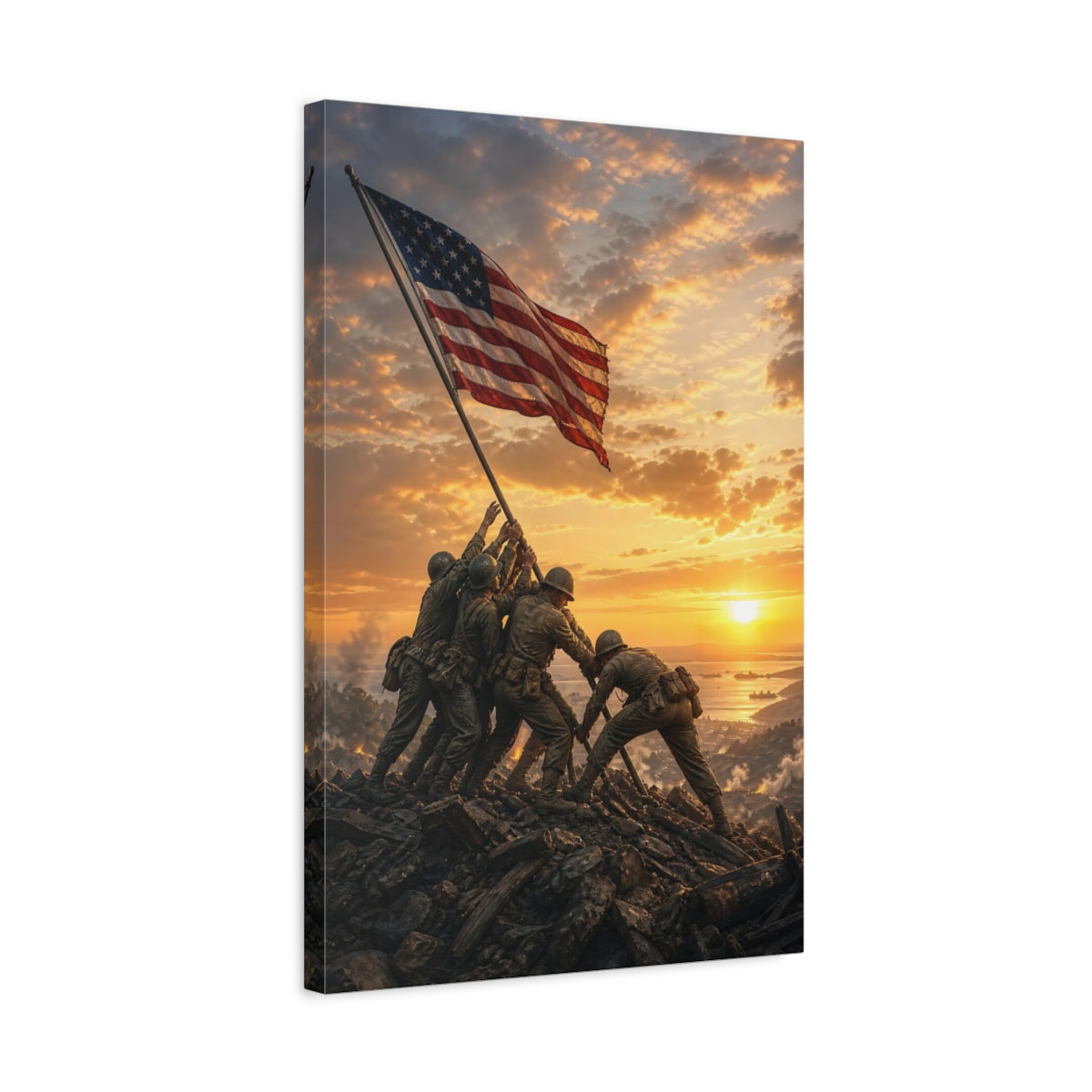 Side Mockup 3. Vintage Flag Raising Patriotic Sunset shown as stretched canvas wall art
