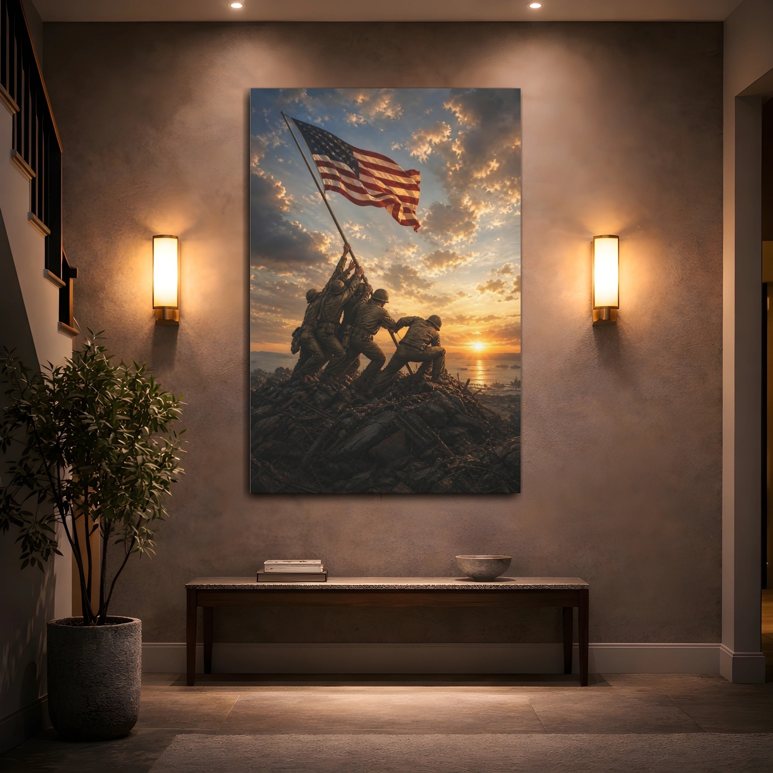 Mockup 2. Vintage Flag Raising Patriotic Sunset shown as stretched canvas wall art