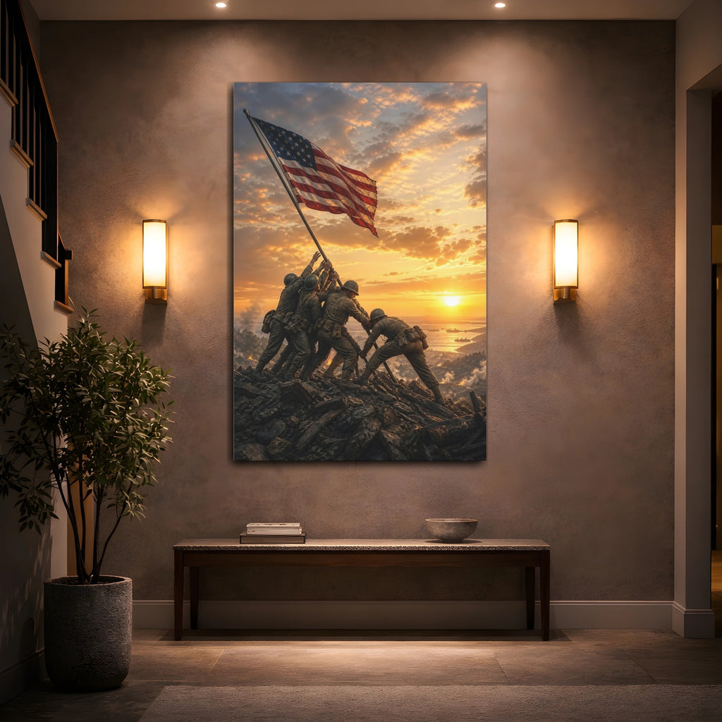 Mockup 2. Vintage Flag Raising Patriotic Sunset shown as stretched canvas wall art