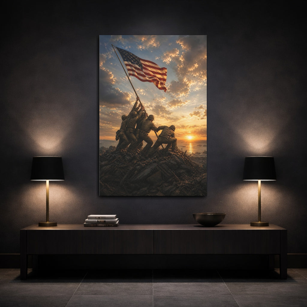 Mockup 3. Vintage Flag Raising Patriotic Sunset shown as stretched canvas wall art