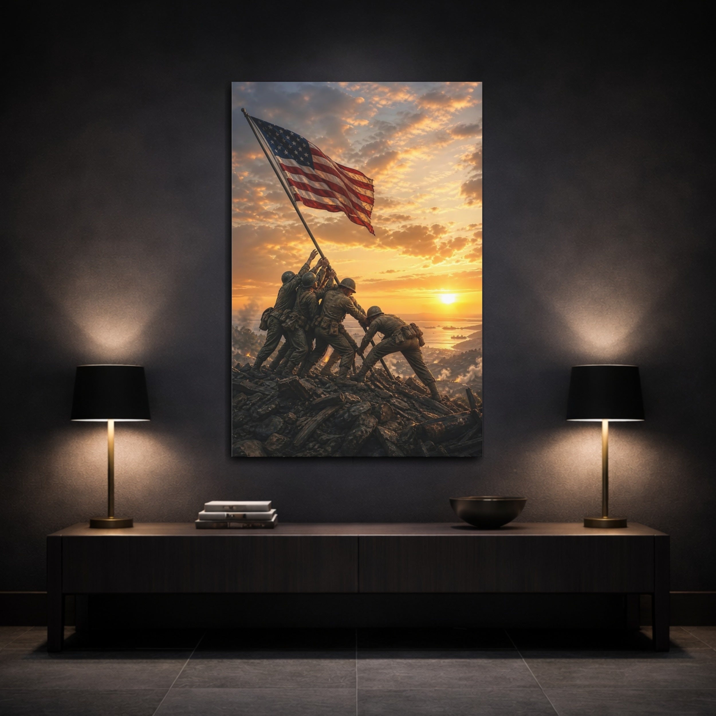 Mockup 3. Vintage Flag Raising Patriotic Sunset shown as stretched canvas wall art