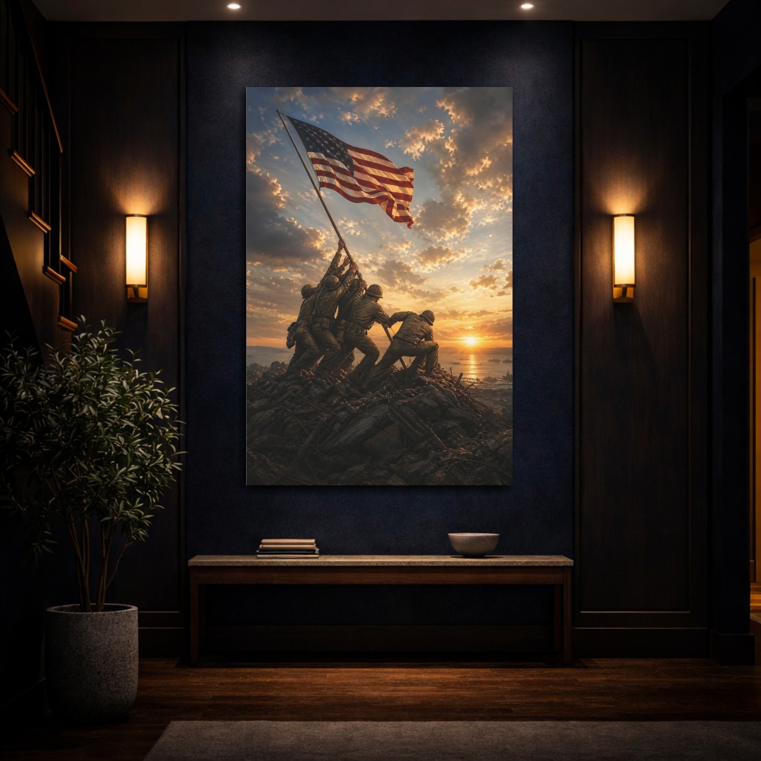Mockup 4. Vintage Flag Raising Patriotic Sunset shown as stretched canvas wall art