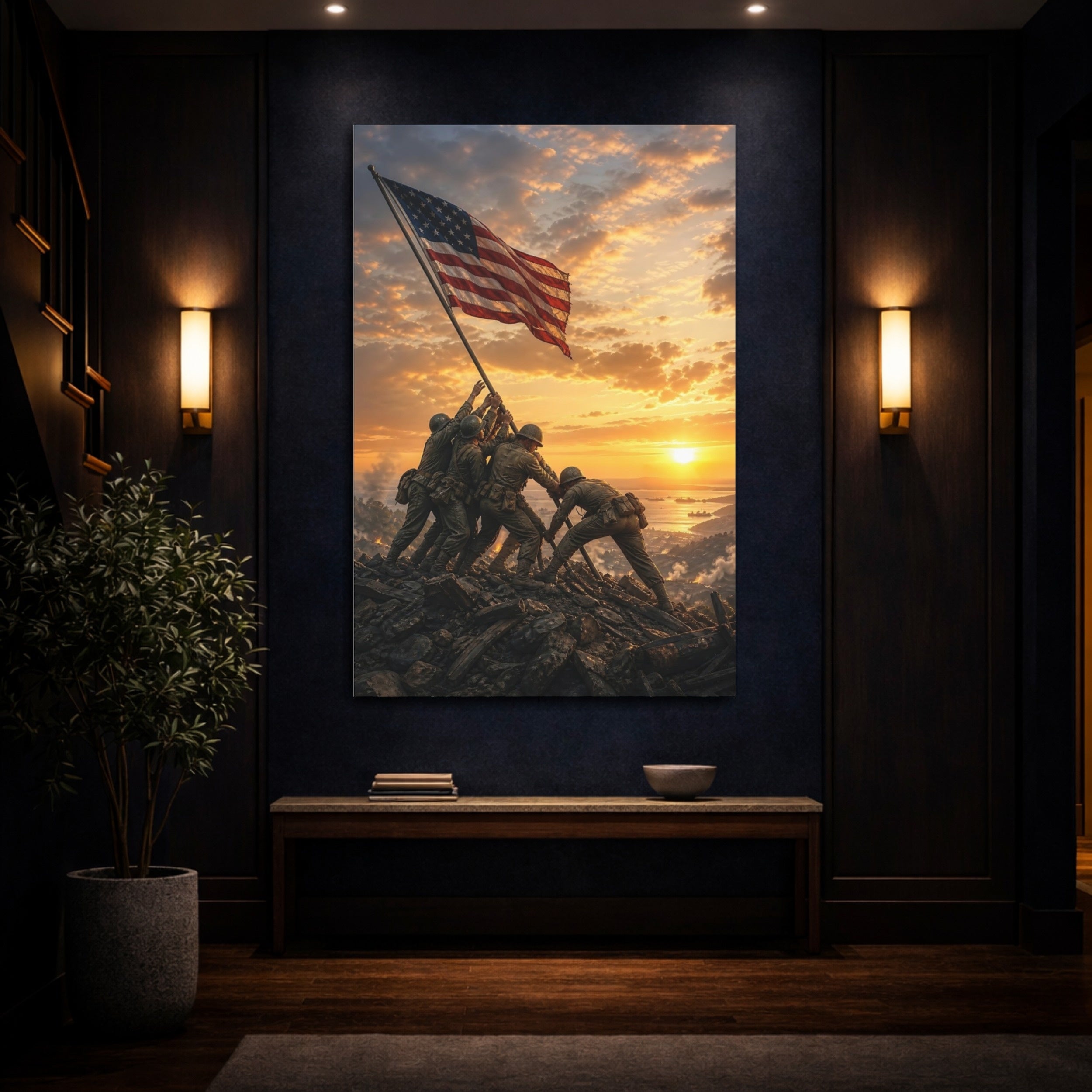 Mockup 4. Vintage Flag Raising Patriotic Sunset shown as stretched canvas wall art