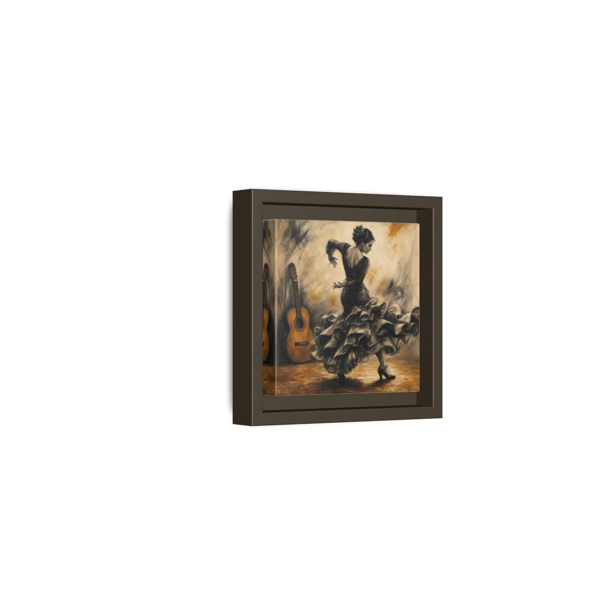 Side Mockup 23. Vintage Flamenco Dancer Brown And Black shown as framed canvas print