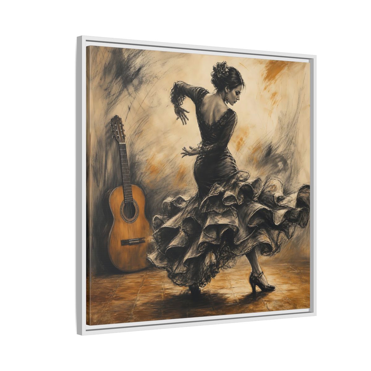 Side Mockup 7. Vintage Flamenco Dancer Brown And Black shown as framed canvas print
