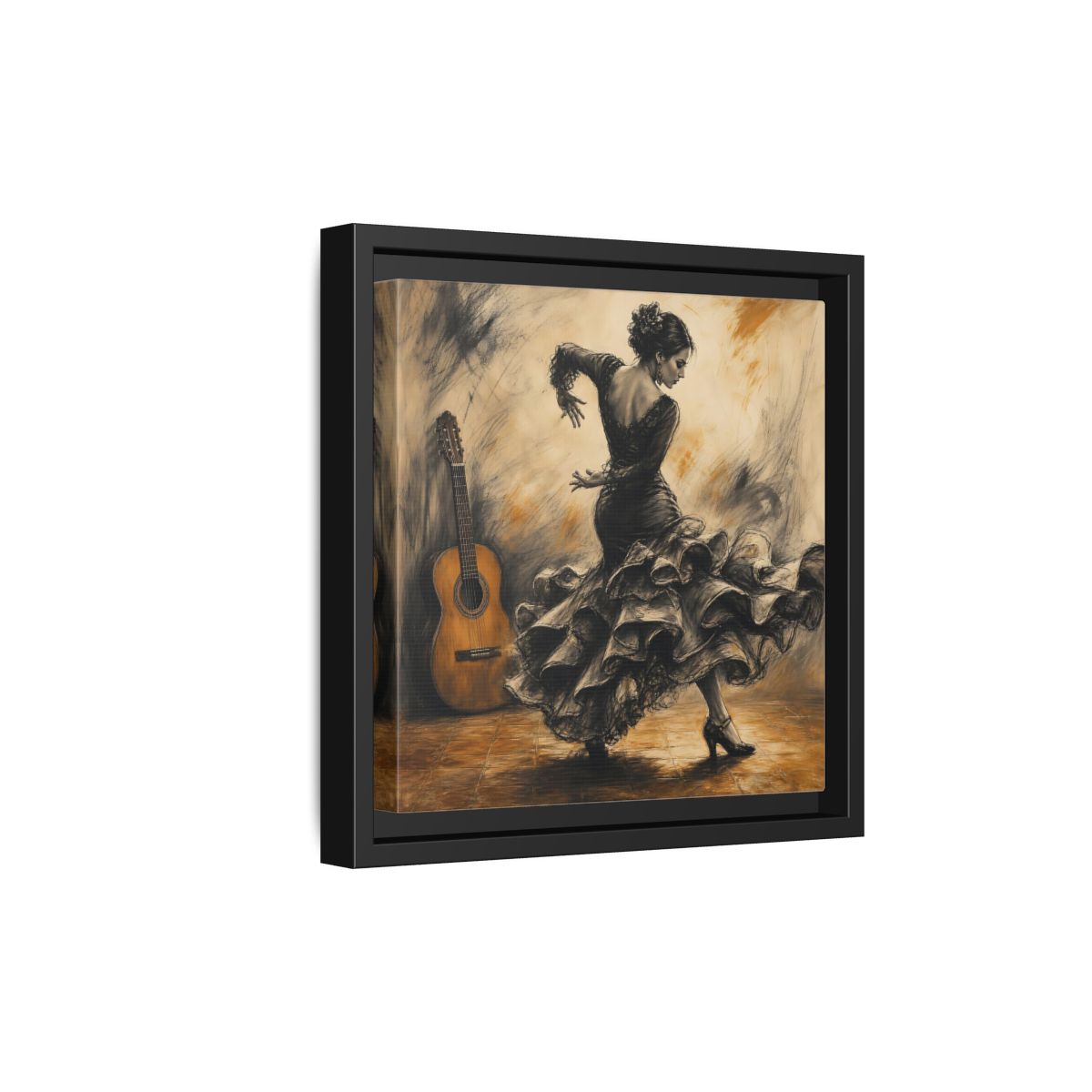 Side Mockup 21. Vintage Flamenco Dancer Brown And Black shown as framed canvas print