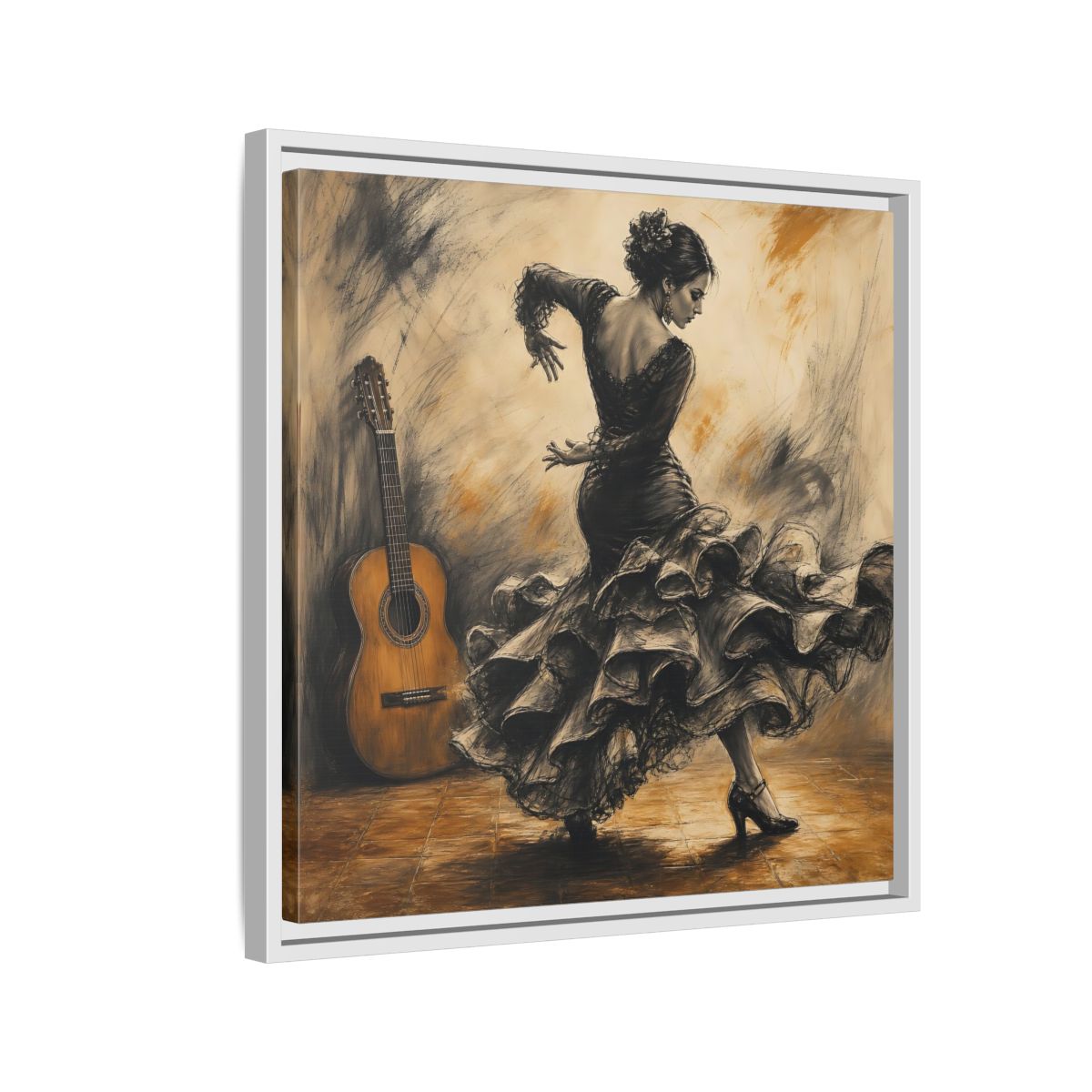 Side Mockup 10. Vintage Flamenco Dancer Brown And Black shown as framed canvas print