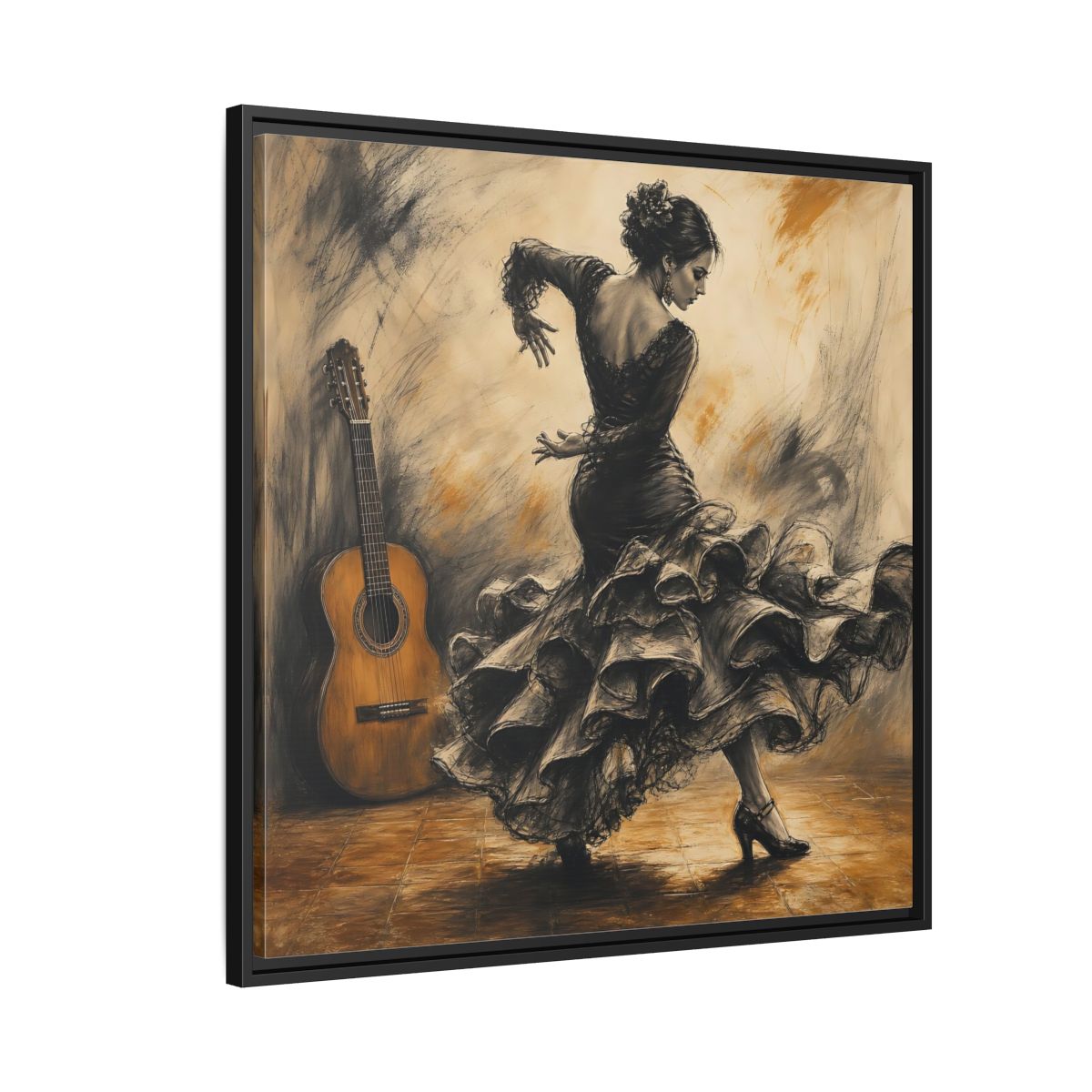Side Mockup 9. Vintage Flamenco Dancer Brown And Black shown as framed canvas print