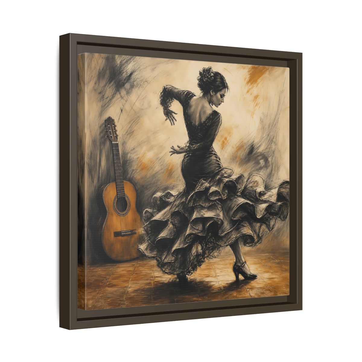 Side Mockup 29. Vintage Flamenco Dancer Brown And Black shown as framed canvas print