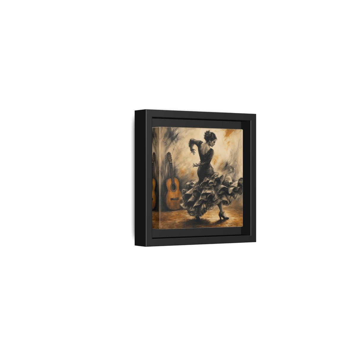 Side Mockup 24. Vintage Flamenco Dancer Brown And Black shown as framed canvas print
