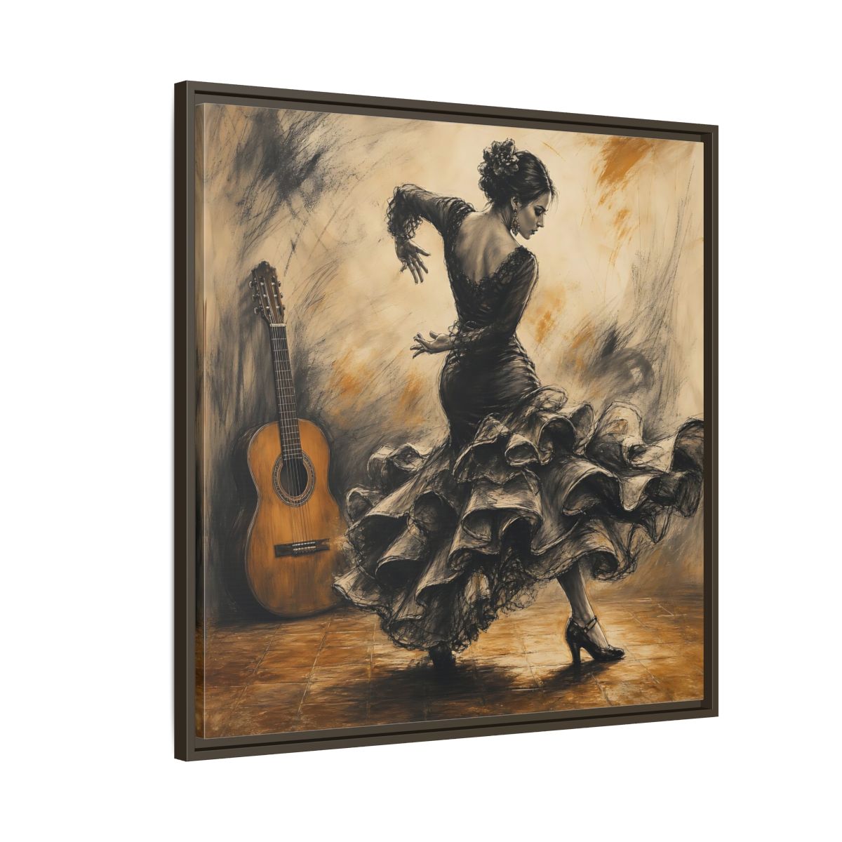 Side Mockup 8. Vintage Flamenco Dancer Brown And Black shown as framed canvas print