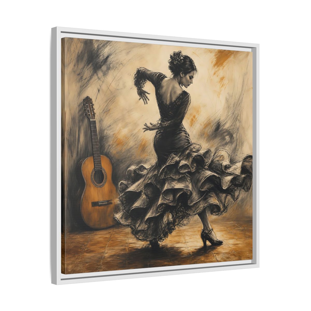Side Mockup 26. Vintage Flamenco Dancer Brown And Black shown as framed canvas print