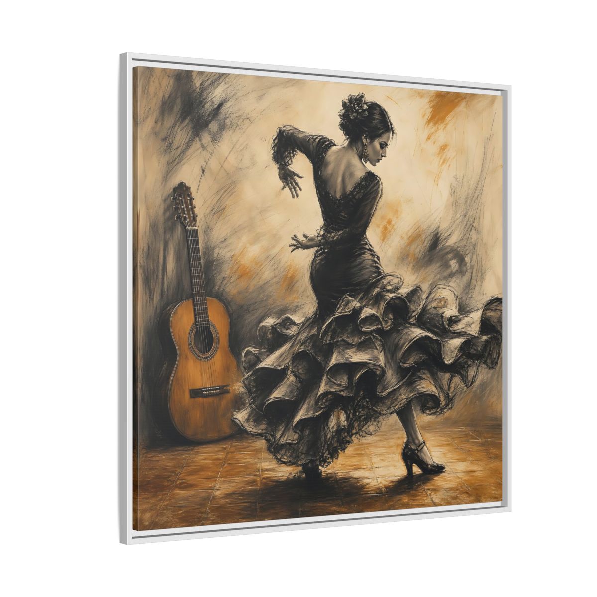 Side Mockup 4. Vintage Flamenco Dancer Brown And Black shown as framed canvas print